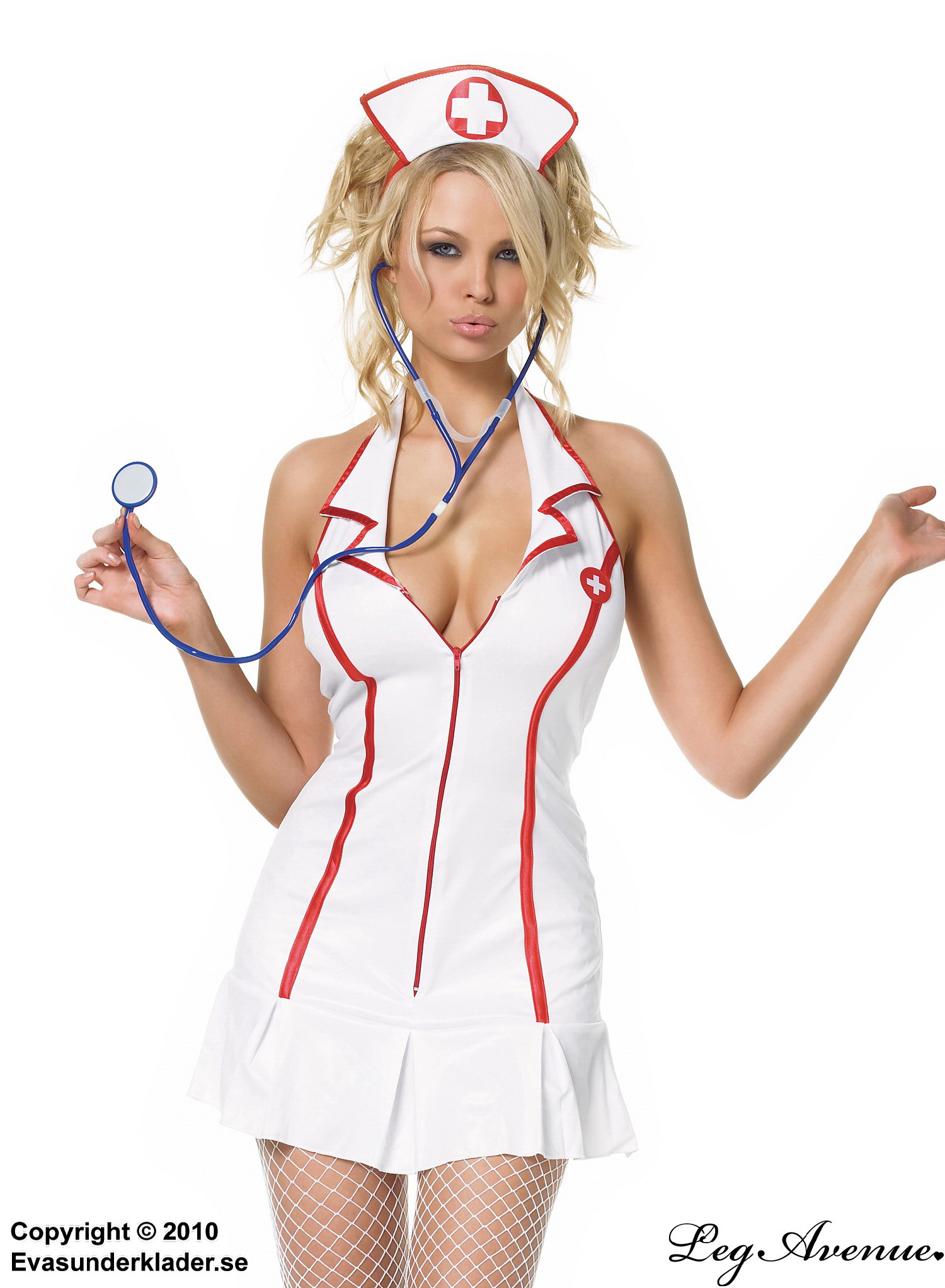 Sjuksköterska, maskeradklänning med halterneck, dragkedja på framsidan, plisséer och krage